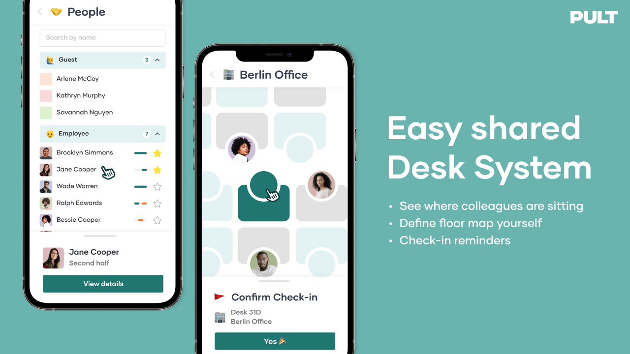 Pult screenshot: Easy desk booking for innovative workplaces. Create floor map per drag and drop, define areas and enable your coworkers to book a desk in seconds. See where your favourite colleagues are sitting and meet with your team easily in the office.
