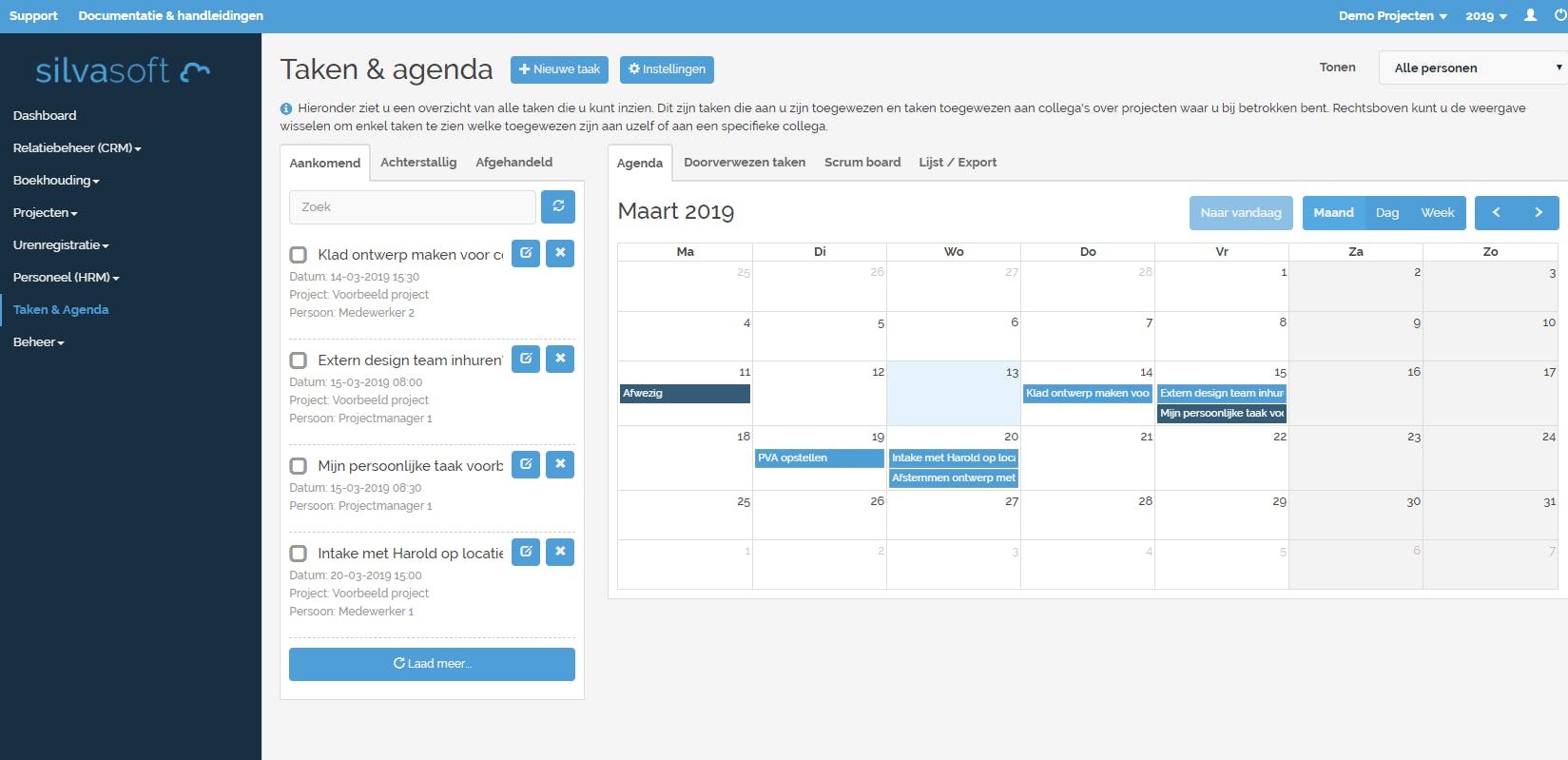 Silvasoft Software - Agenda weergave voor taken. Koppeling met Google Calendar mogelijk.