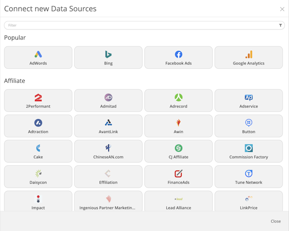 Funnel screenshot: Connect new data sources