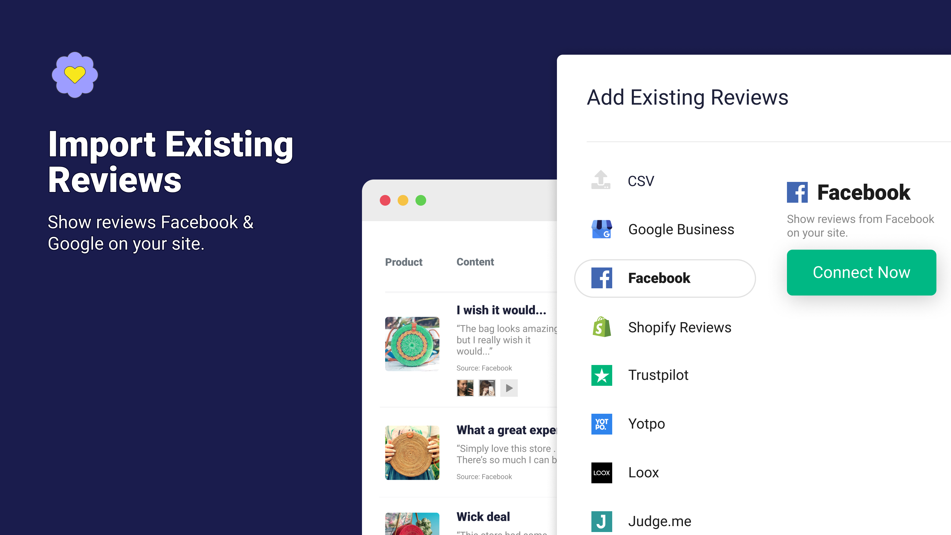 Import and display your reviews from Google, Facebook, Etsy and more!