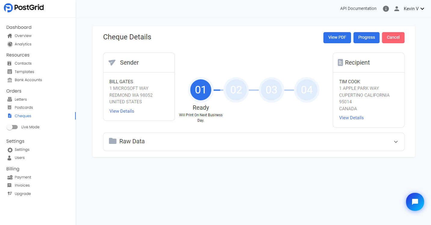 PostGrid Print & Mail Software - Send Cheques using Dashboard or API