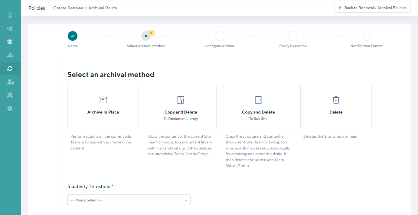 Save hours or merging, archiving and deleting workspaces by automatically engaging content owners to clean up inactive Teams. Create and configure Archival & Renewal policies, then apply them to all newly created and existing Teams & SharePoint sites