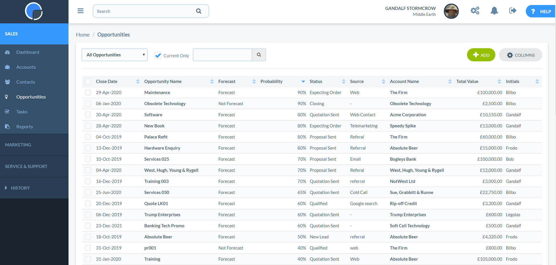 Really Simple Systems opportunities view