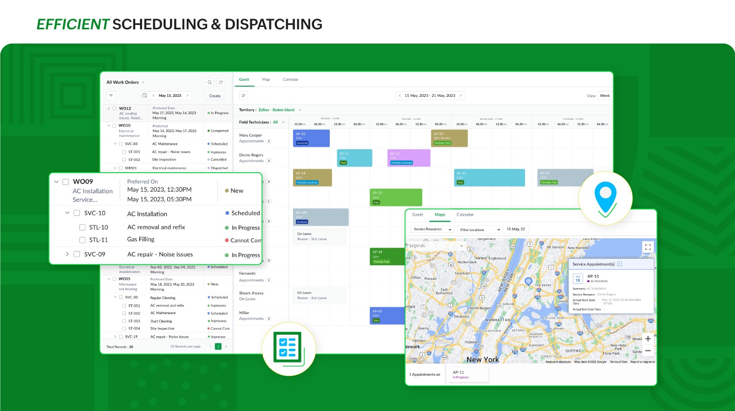 The Dispatch Console lets you schedule work orders, services or service tasks to various field agents. The map view helps in choosing agents based on live location and proximity. The Gantt and calendar also shows holidays and time-offs