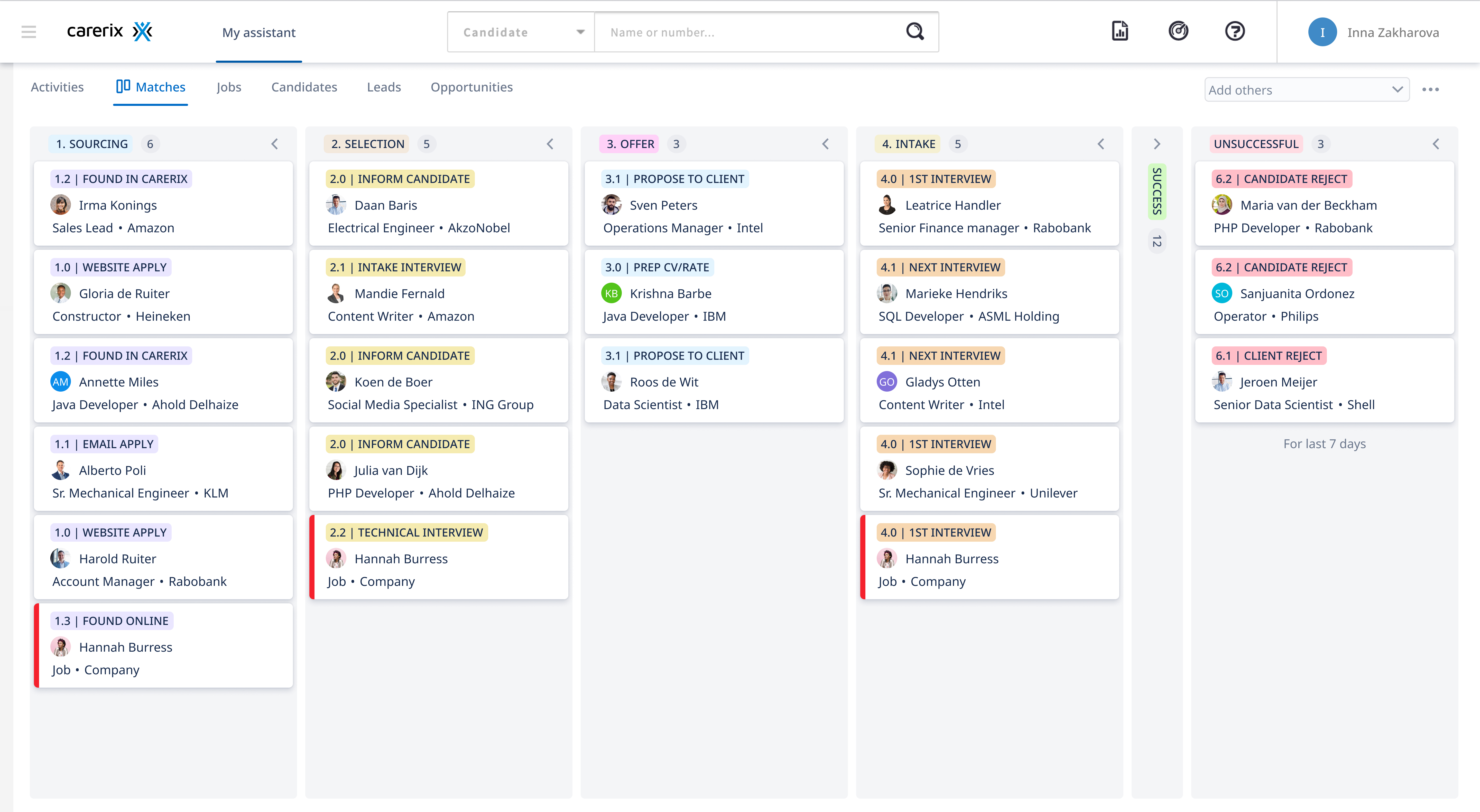 Carerix screenshot: Always stay on top of all your matches. My Assistant ensures that you always have control over your work, can switch tasks efficiently and collaborate easily with your team. It makes your day more organized and effective. 