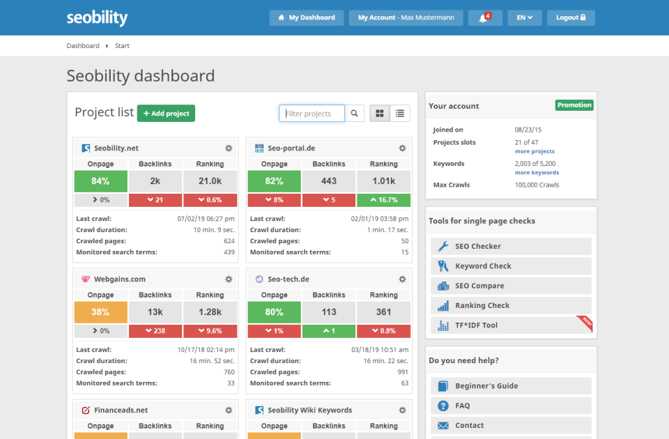 Seobility Software - Seobility dashboard view