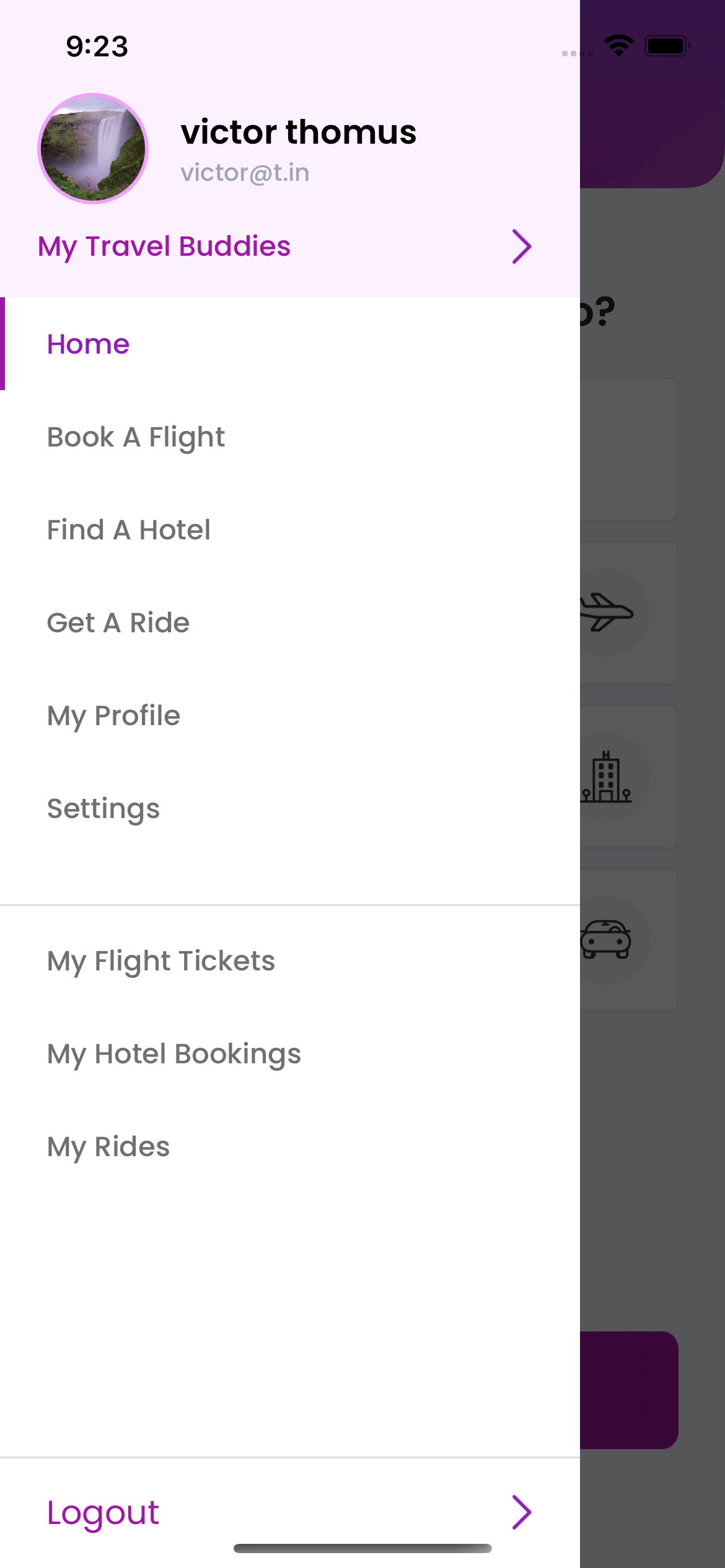 Pneuma Travel menu options