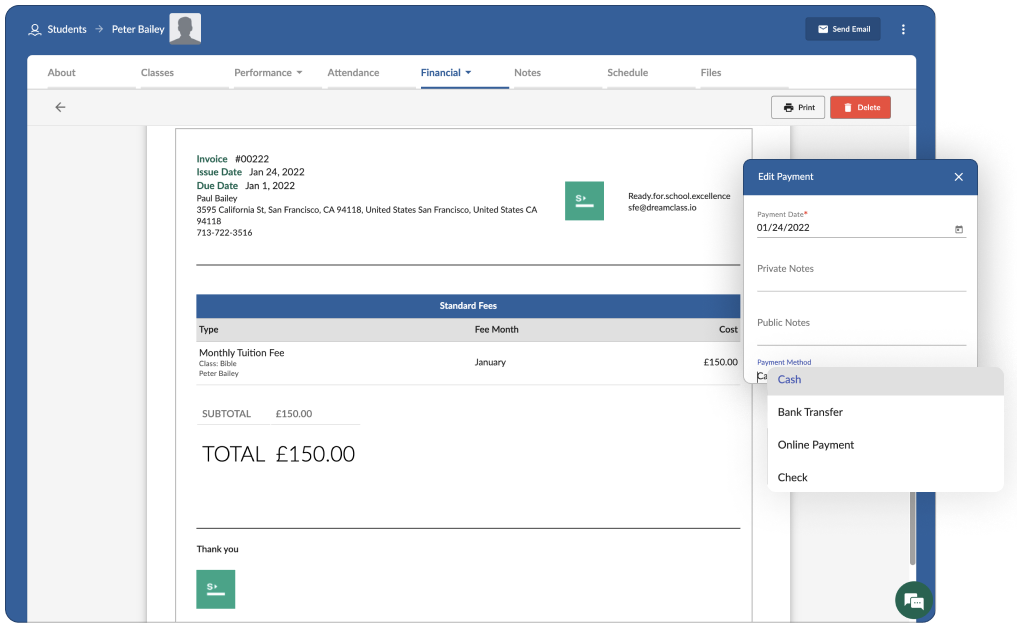 DreamClass Software - Tuition Fees management: Bookkeep your school invoices and manage student payments