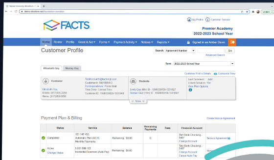 FACTS Tuition Management screenshot: FACTS Tuition Management customer details