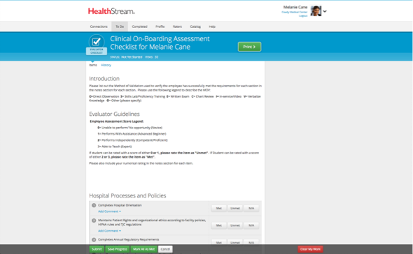 HealthStream Checklist desktop view