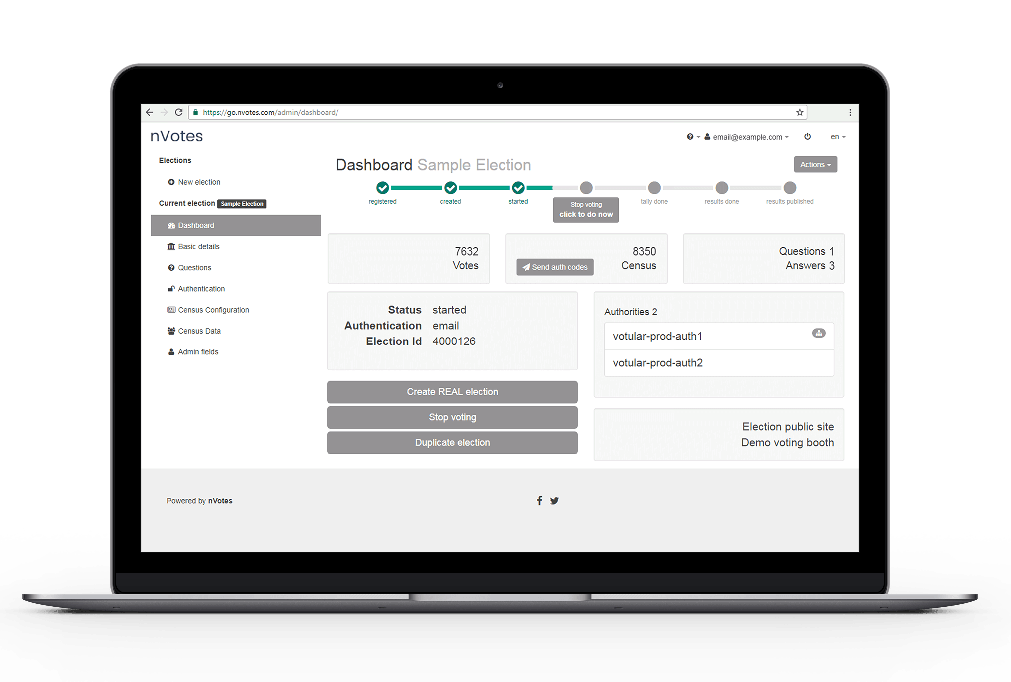 nVotes screenshot: nVotes supports a range of voter authentication methods and allows users to monitor elections