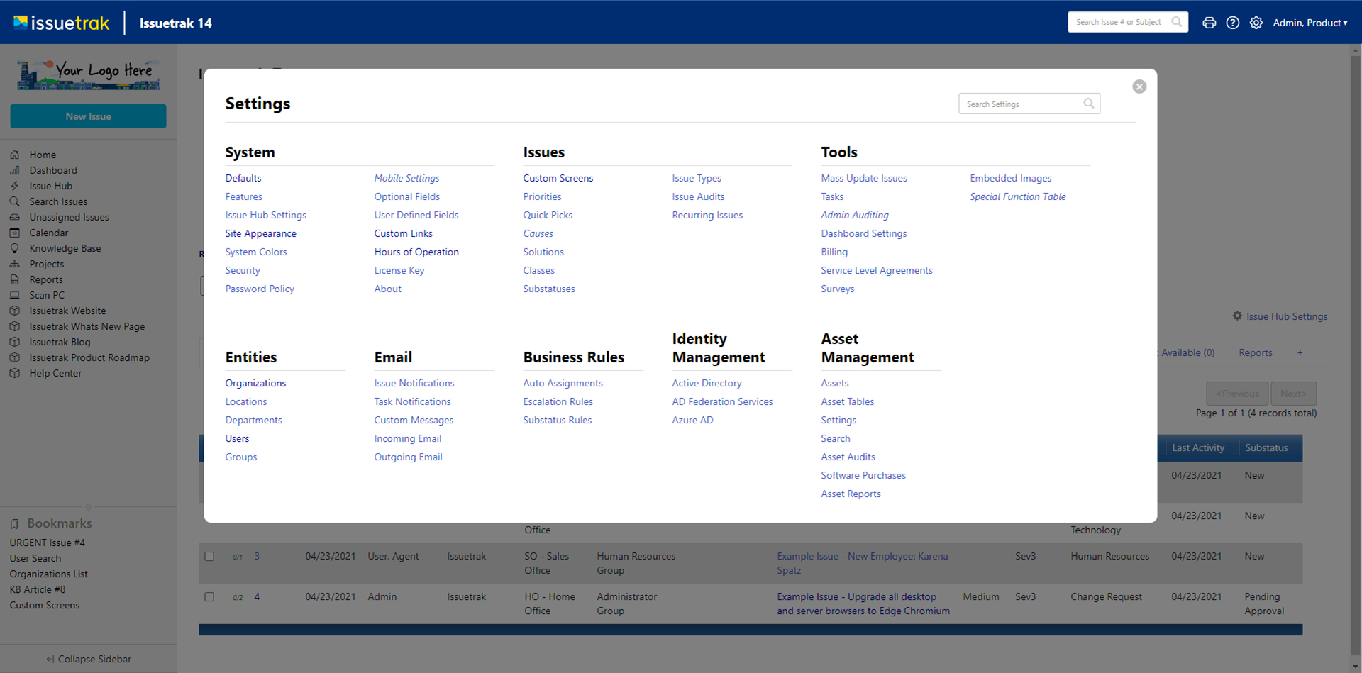 Issuetrak Settings Lightbox