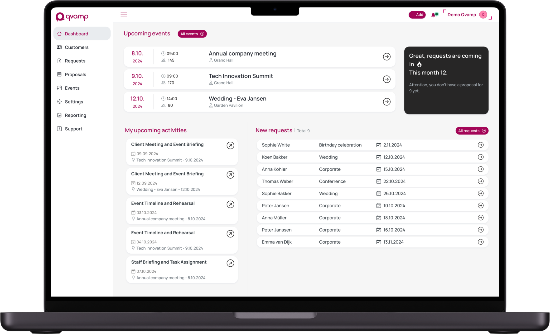 Qvamp screenshot: Dashboard - events, requests, activities, calendar - all in one place