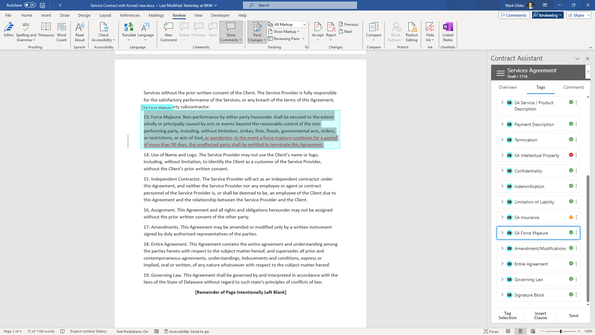 Agiloft screenshot: Agiloft Microsoft Contract Assistant – clauses listed with redlines