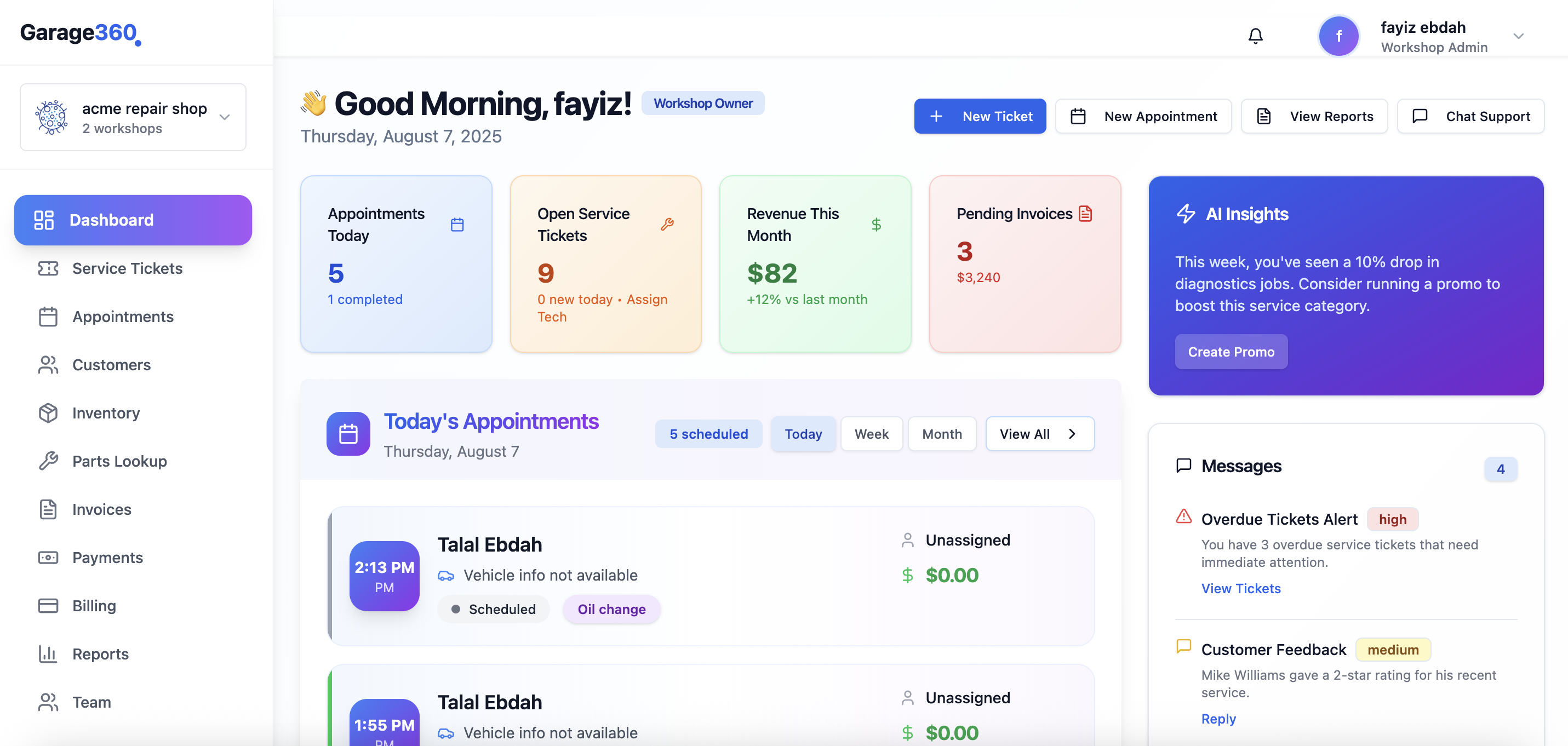 Garage360 screenshot: Garage360 dashboard