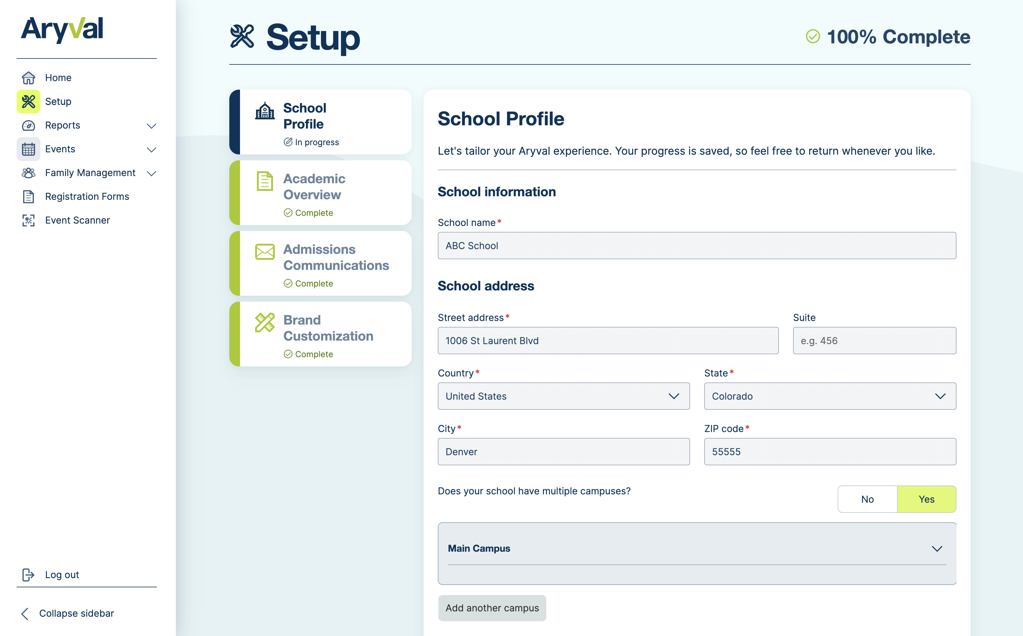 Aryval screenshot: On overview of the Setup section of the portal, showing the side navigation expanded.