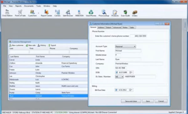 PremierWireless screenshot: PremierWireless showing customer management features