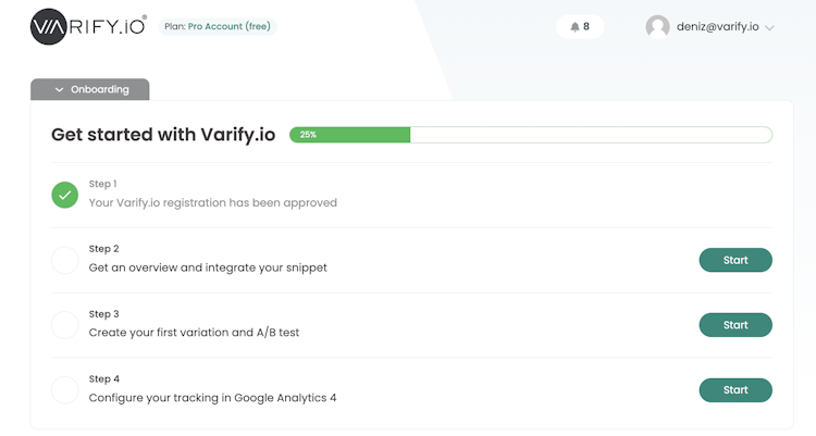 Varify.io screenshot: Your Dashboard - Step by Step Onboarding