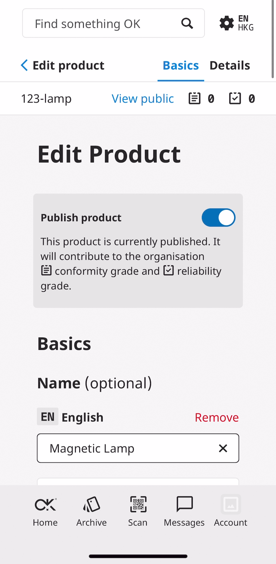 OK Platform screenshot: Add a product, choose to publish or keep your product information private