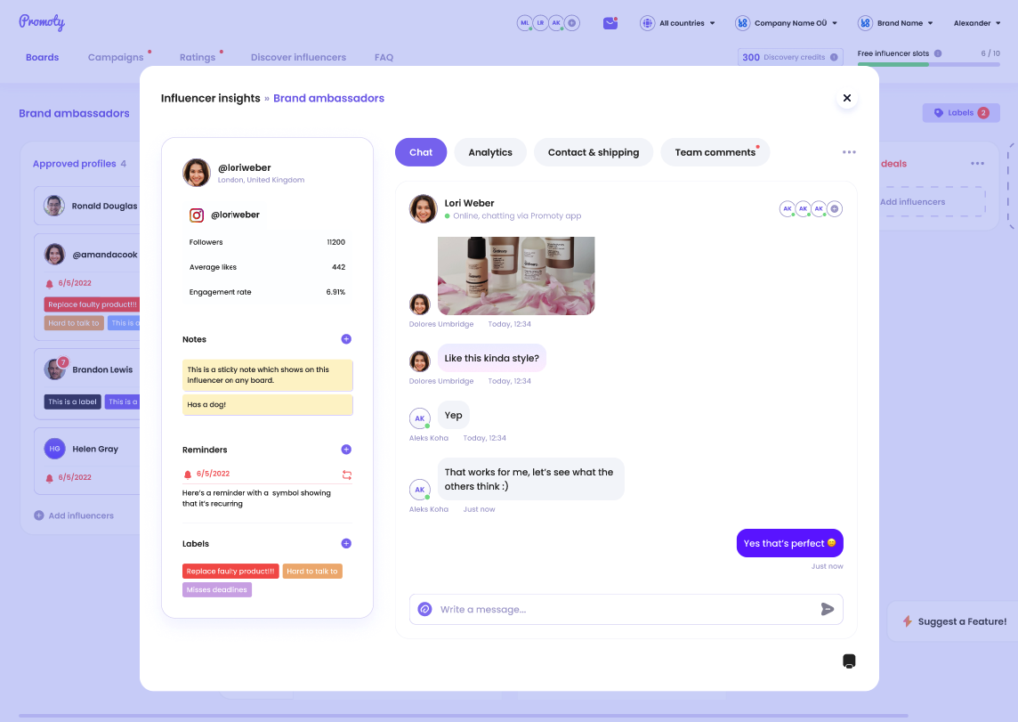 Instead of endless emails and DM-s, chat with influencers via our in-app chat