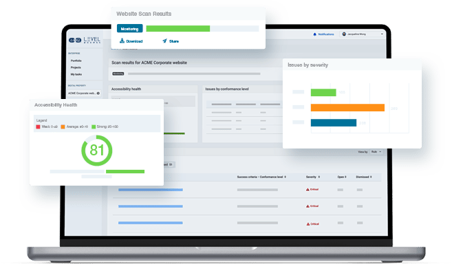 Level Access Platform Software - Monitor the overall Accessibility Health of your website, mobile app, software, and more while drilling down into actionable insights sorted by severity. Identify and solve the highest-priority issues first with integrated guidance on how to fix them.