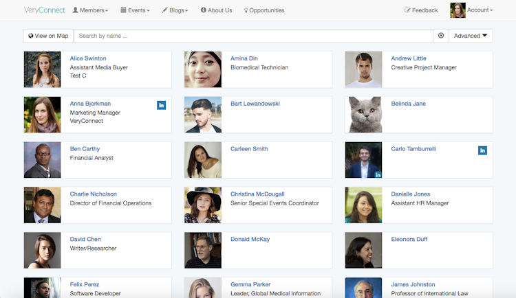 VeryConnect screenshot: The member directory lets you access member profiles