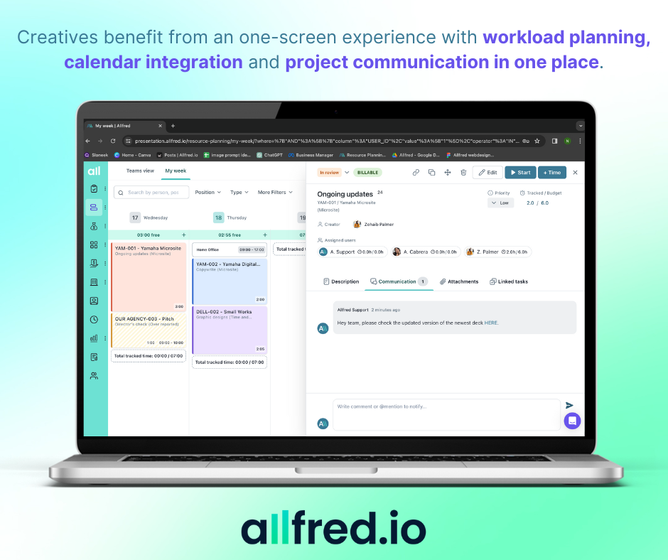 Intuitive dashboard for creatives: Take control of your tasks and time with our intuitive planning dashboard. Easily manage all your tasks in one place, with a clear calendar view, drag-and-drop planning, team communication and deadlines at a glance.
