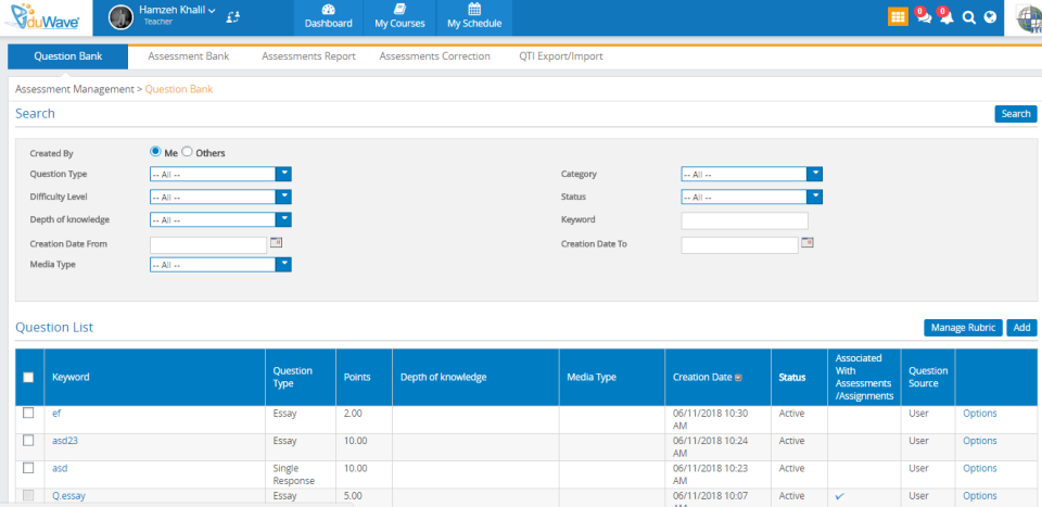 EduWave screenshot: EduWave question bank