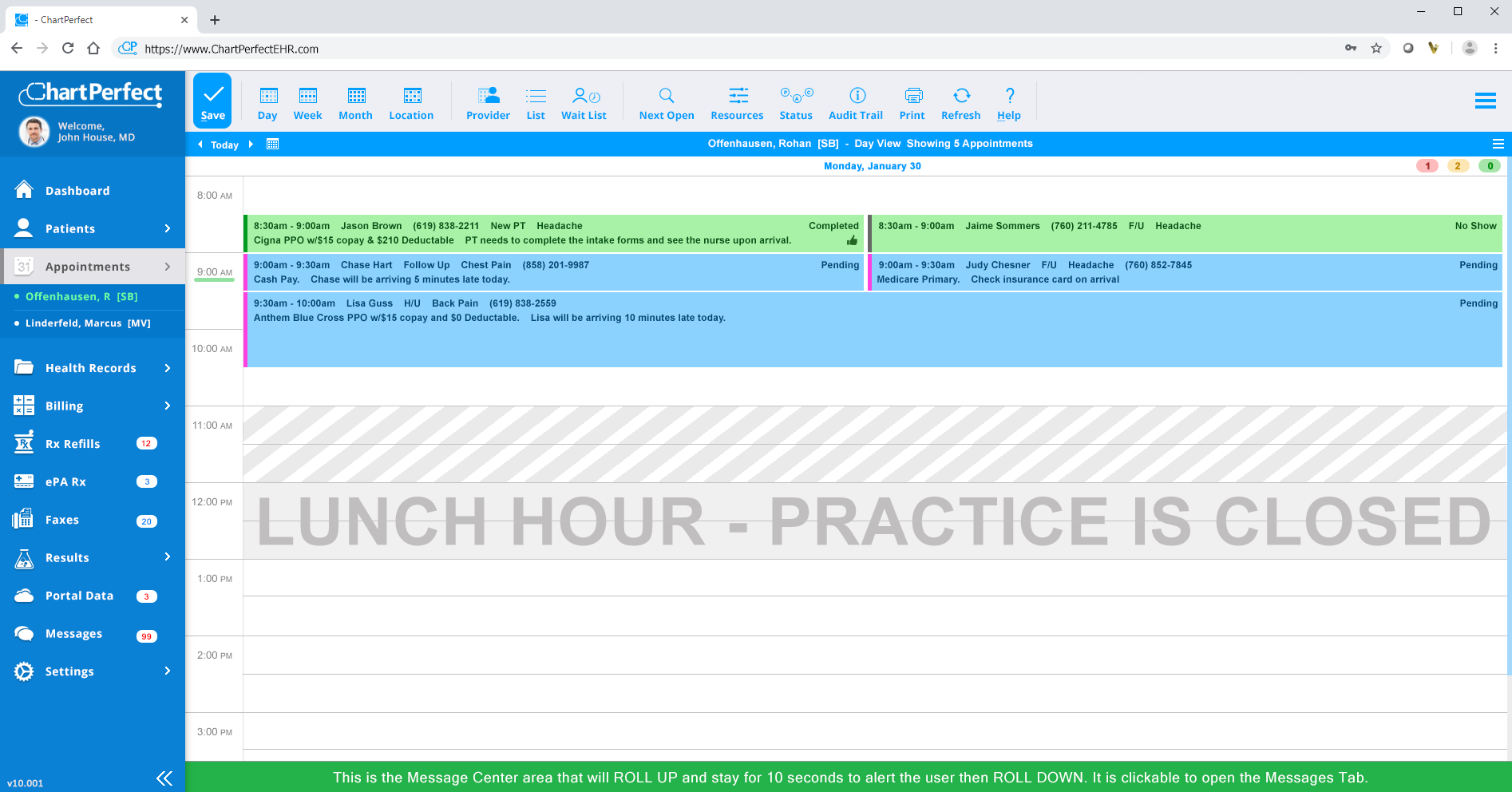 Scheduling - Single or Multiple Provider views with color coded types and automated reminders via text, email or voice
