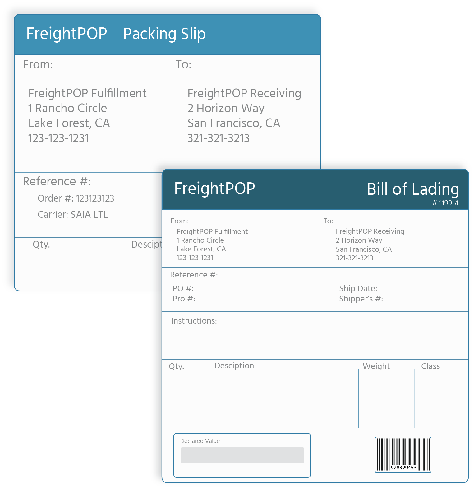 FreightPOP printing bills of lading and shipping labels screenshot