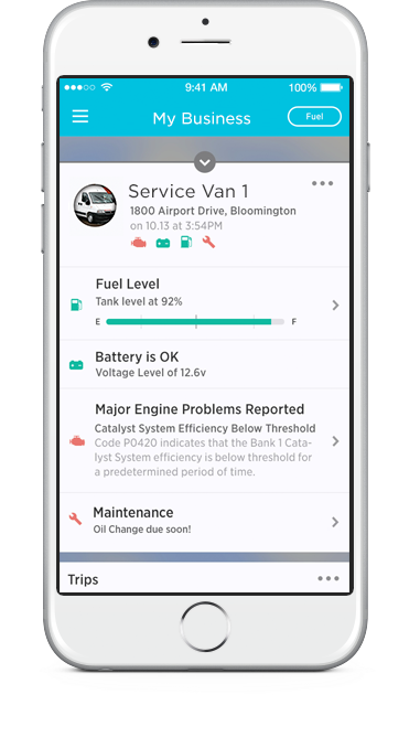 Zubie Software - Vehicle health features are available within the mobile apps for iOS and Android devices, alerting on maintenance, monitoring fuel or battery levels, notifying on engine issues and measuring mileage etc