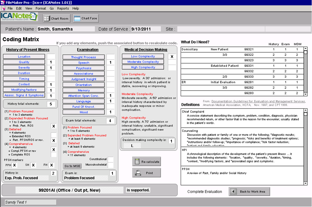 ICANotes Software - ICANotes coding matrix that allows the tools to automatically calculate service code