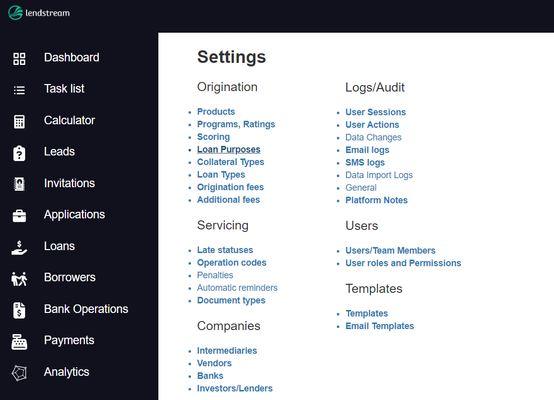 Web-based LMS, settings menu