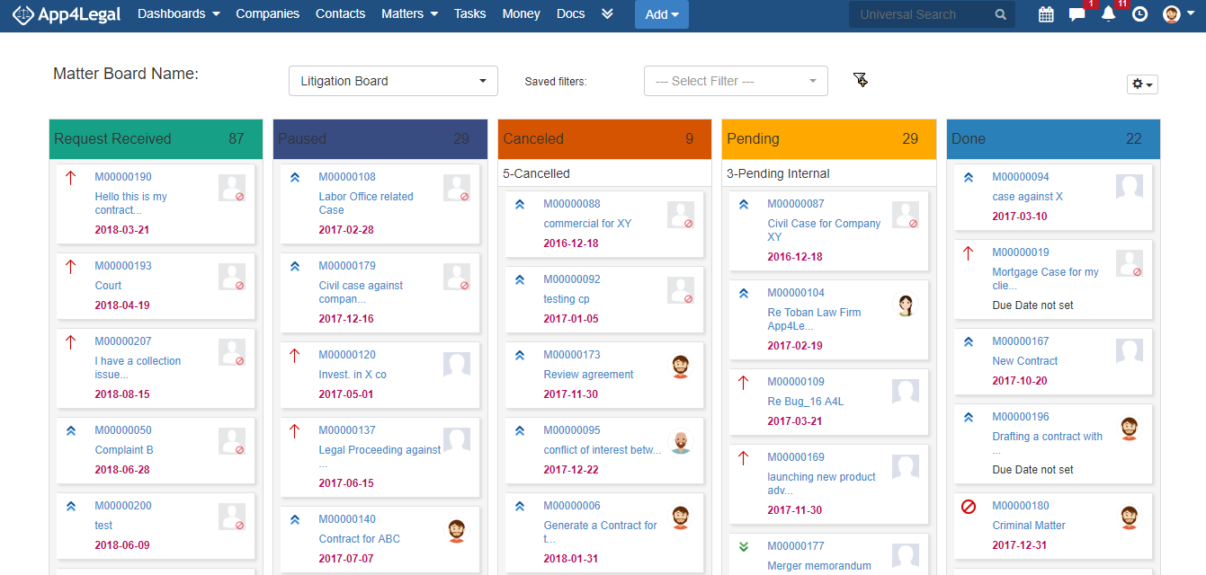App4Legal matter boards