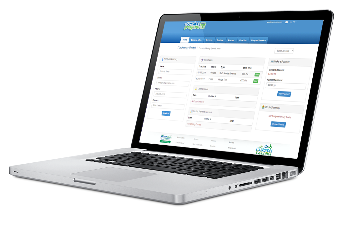 The Service Program Software - The Service Program's customer portal, integrated with QuickBooks, features an online store for selling products while also allowing customers to make service requests, view equipment and make payments etc