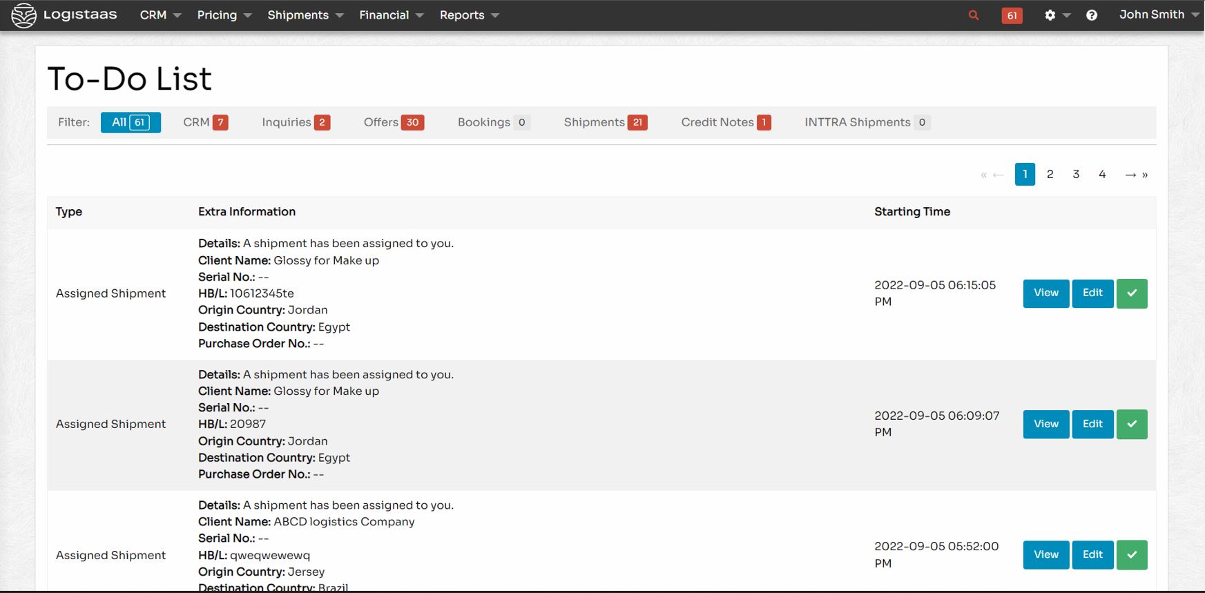 Logistaas screenshot: The To-Do list allows users to prioritize tasks
