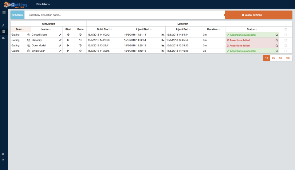 Gatling FrontLine simulations management screenshot