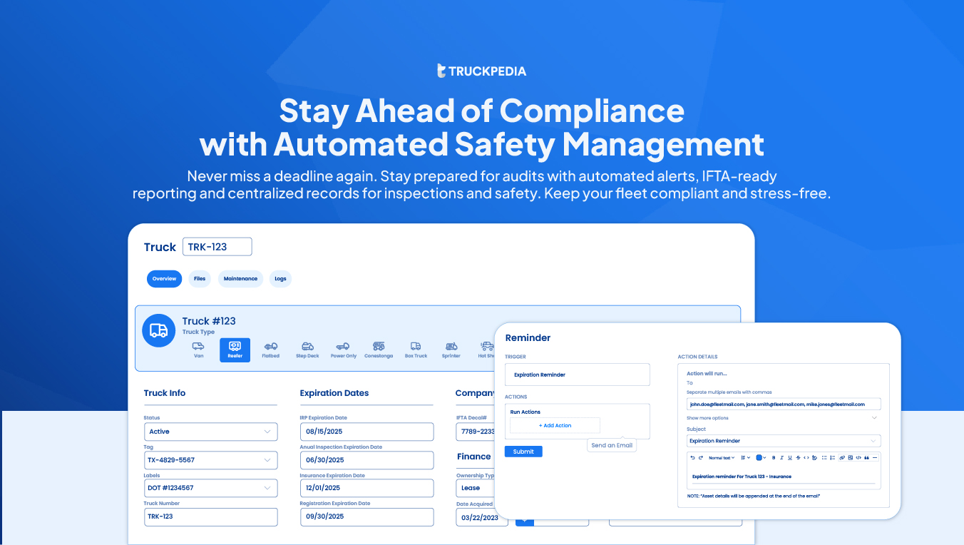 Truckpedia TMS Software - Take the stress out of safety and compliance. Truckpedia helps you manage inspections, stay current with IFTA and other requirements, and sends alerts so you're always ready for audits. - thumbnail