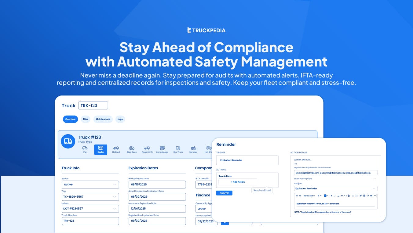 Truckpedia TMS Software - Take the stress out of safety and compliance. Truckpedia helps you manage inspections, stay current with IFTA and other requirements, and sends alerts so you're always ready for audits.