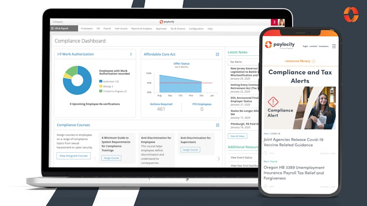 Paylocity screenshot: Paylocity's Compliance Dashboard will change the way you view compliance. Through its intuitive interface, stay on track with your company's data completeness and visualized important employee compliance items, all in one place.