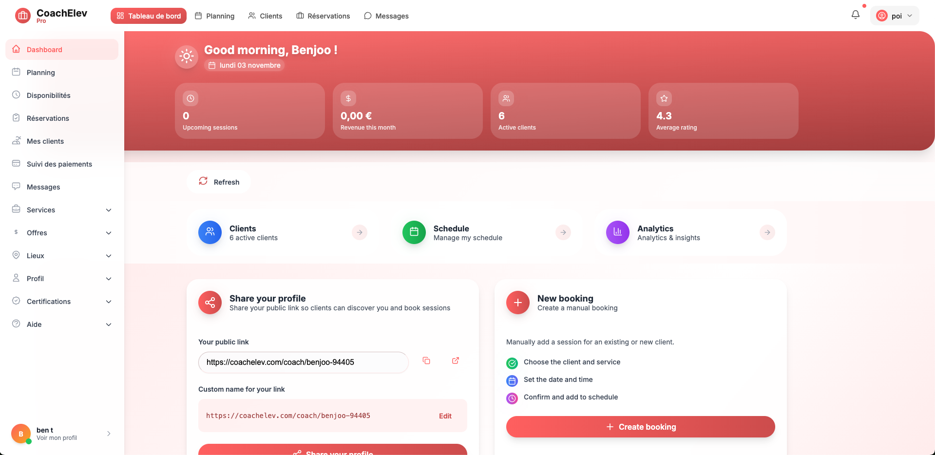 CoachElev Pro screenshot: CoachElev Pro dashboard 