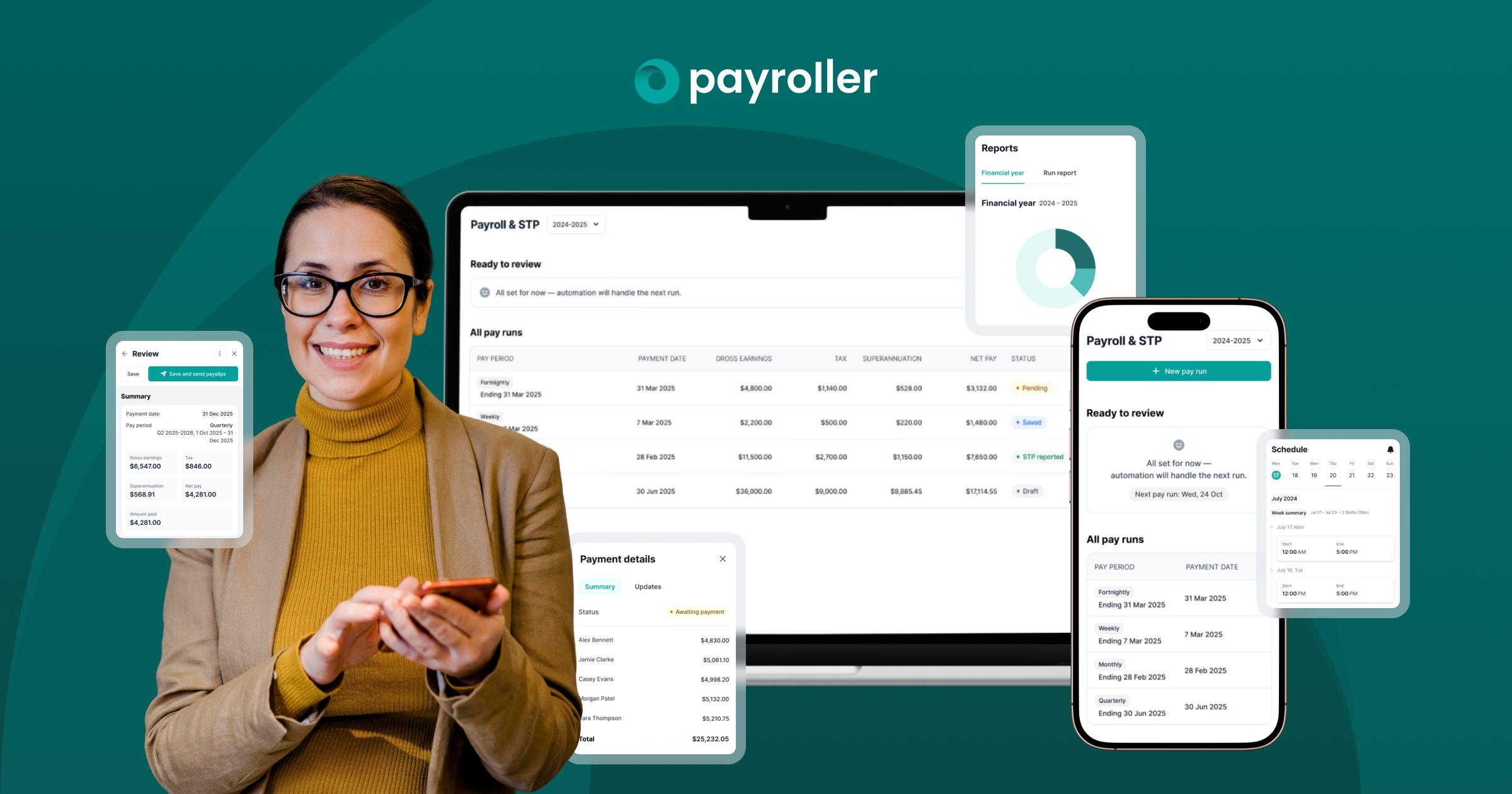 Payroller screenshot: Lodge STP and generate payslips in just a few clicks.
Payroller makes payroll easy with the simplest cloud software for small businesses — run payroll anywhere, anytime.