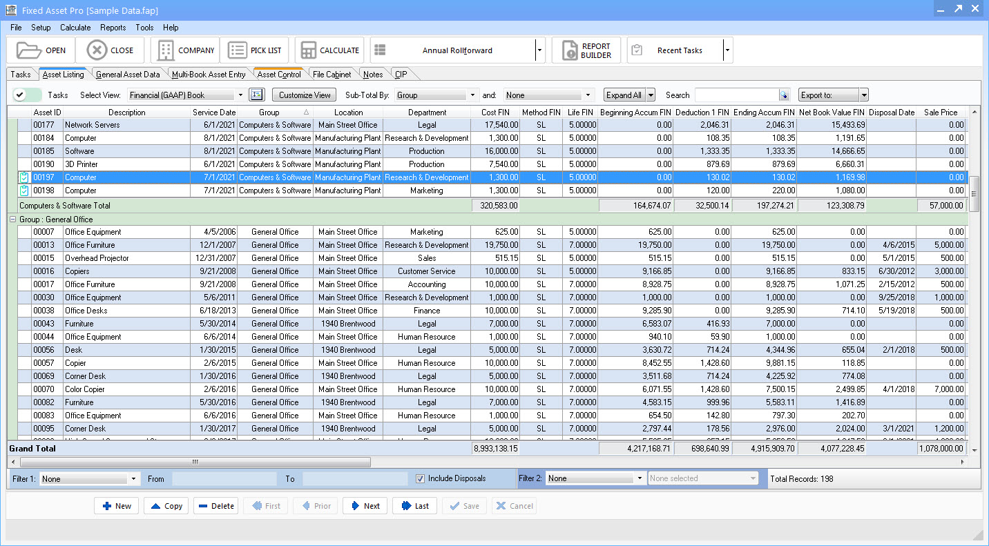 Fixed Asset Pro screenshot: Flex View lets you create multiple custom views of your asset data that you can export to Excel and CSV as custom reports