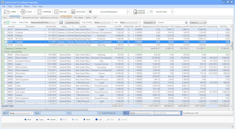 Fixed Asset Pro screenshot: Flex View lets you create multiple custom views of your asset data that you can export to Excel and CSV as custom reports
