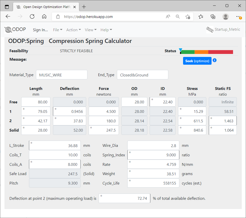 ODOP: Spring
compression spring design, Metric Units, Calculator View
