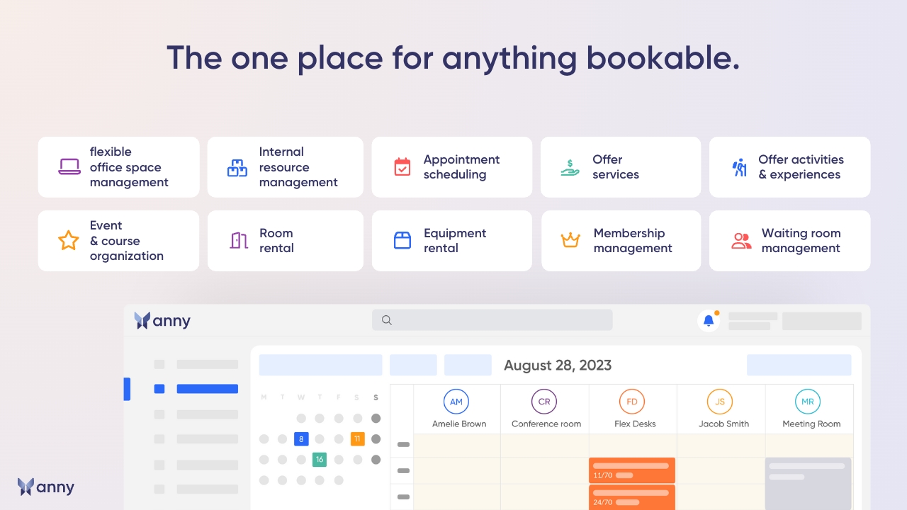 All your bookings in one place. anny is a flexible solution for internal and external bookings. Share resources and coordinate appointments efficiently.