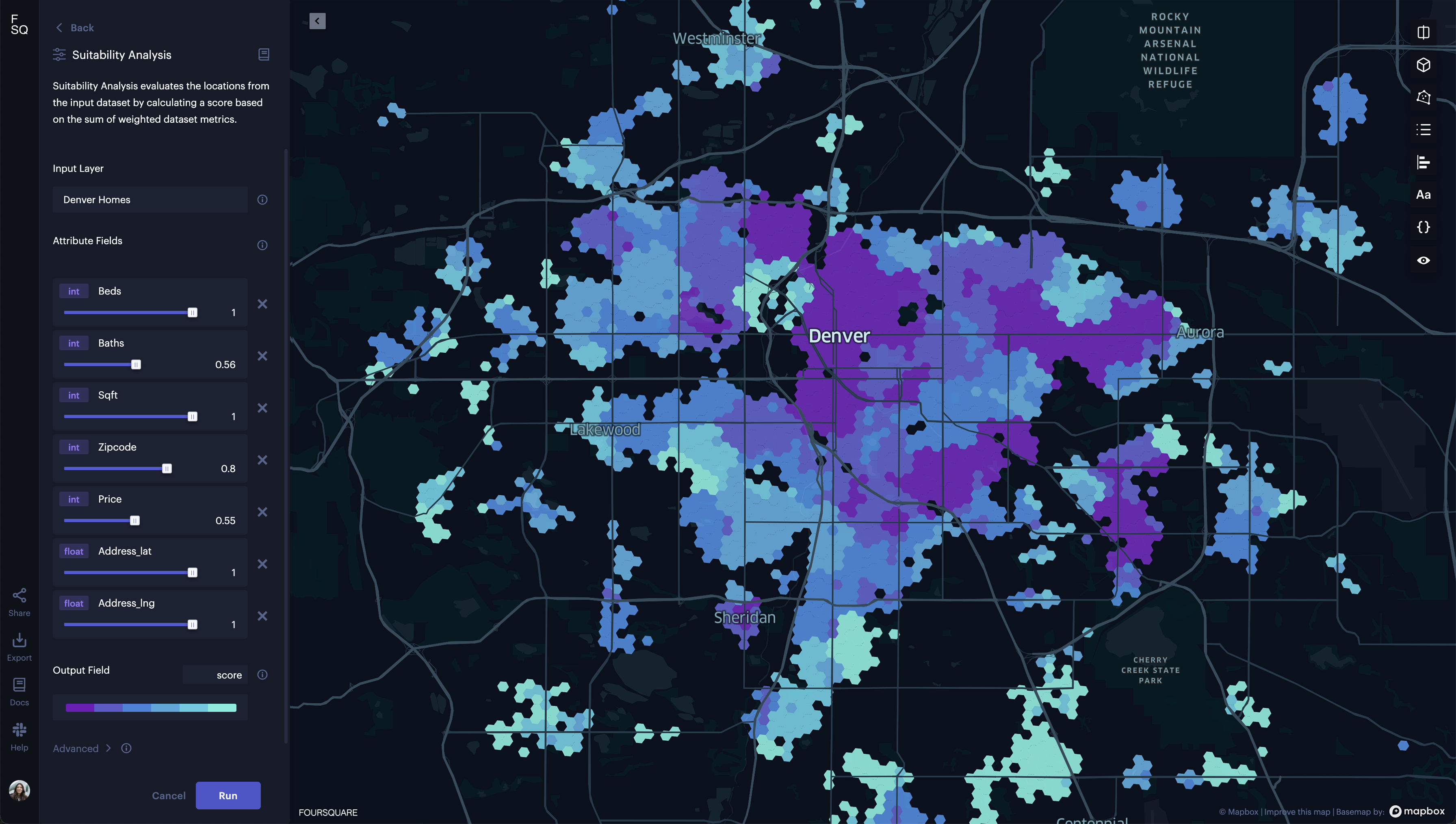 Foursquare Studio Software - Studio offers several advanced analysis modules, including the suitability analysis, which evaluates potential site locations for a particular use by computing a suitability score based on a set of user-defined criteria and weights.