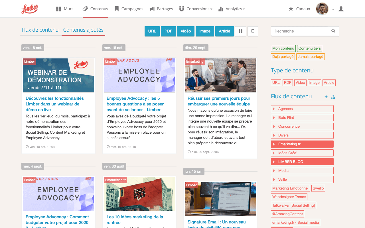 Limber screenshot: Content