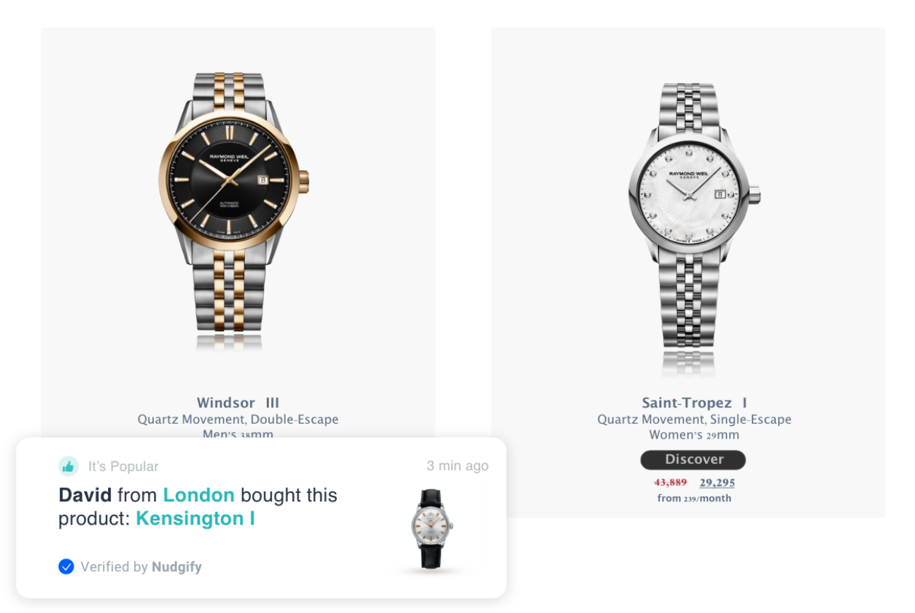 Nudgify screenshot: Display recent purchase information