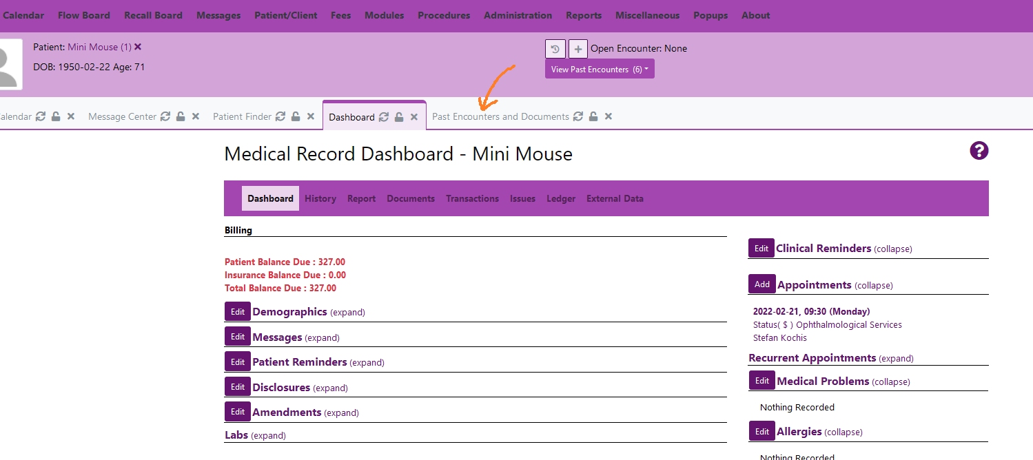 OpenEMR screenshot: OpenEMR patient dashboard